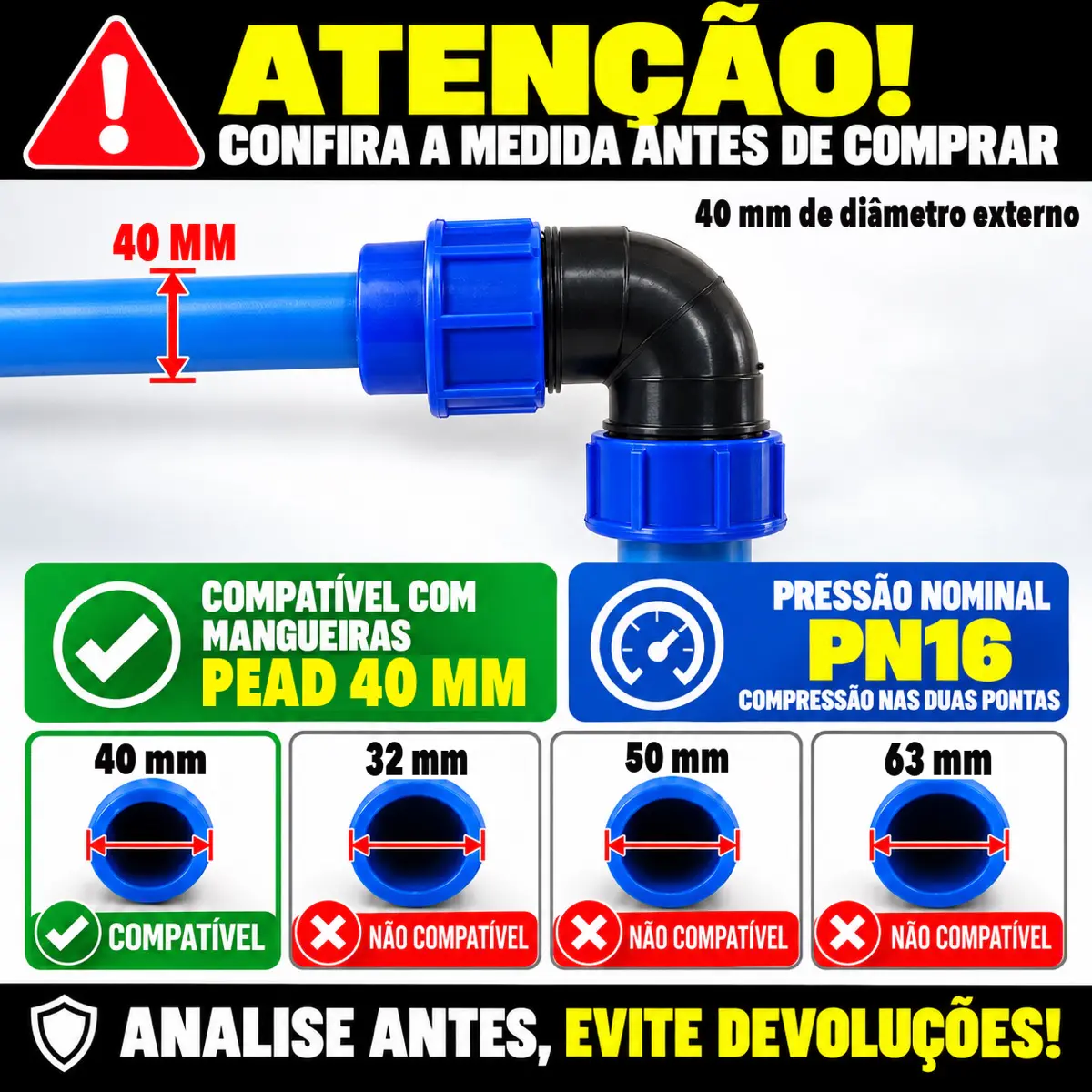 Cotovelo 90° de Compressão PEAD 40 mm – Joelho para Mangueira PEAD