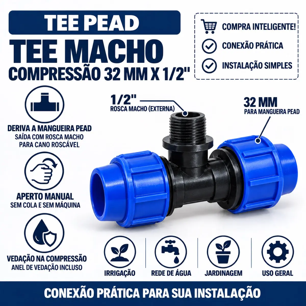 Tê Macho de Compressão PEAD 32 mm x 1/2" – Saída com Rosca Macho