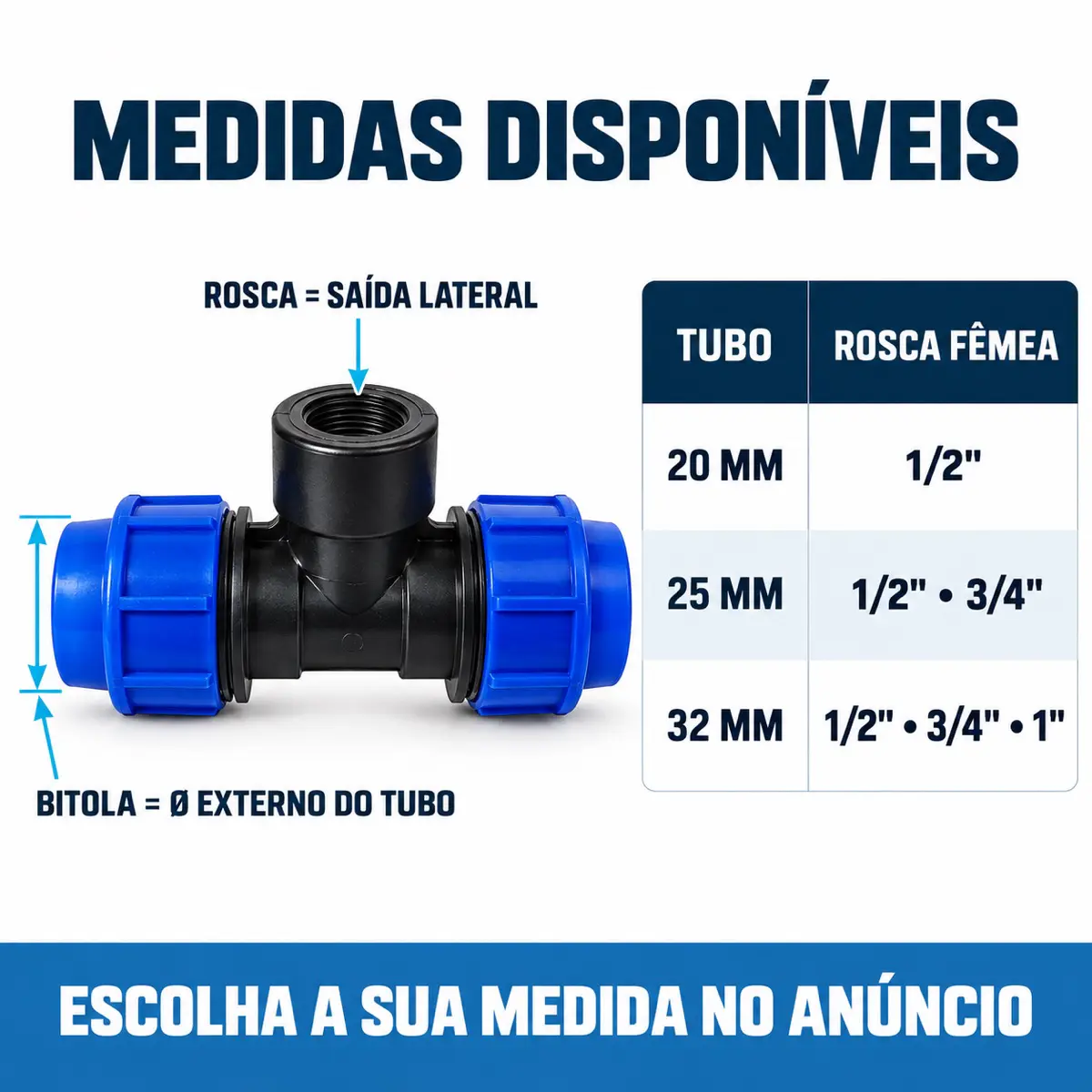 Tê Fêmea de Compressão PEAD 20 mm x 1/2" – Saída com Rosca Fêmea