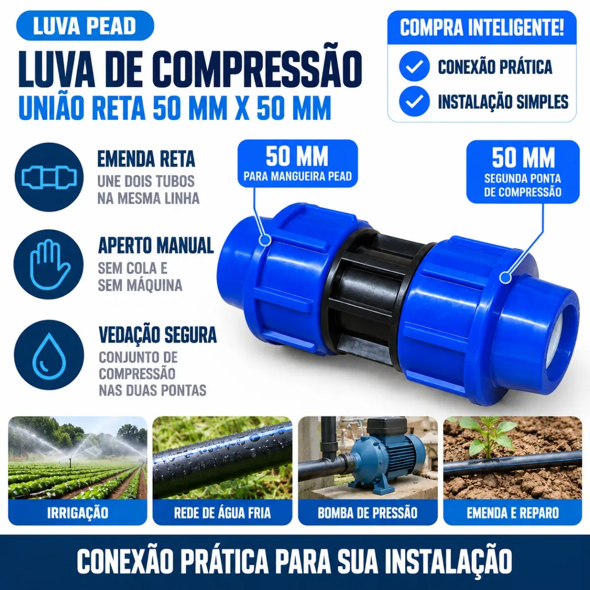 União de Compressão PEAD 50 mm – Luva para Tubo e Mangueira PEAD