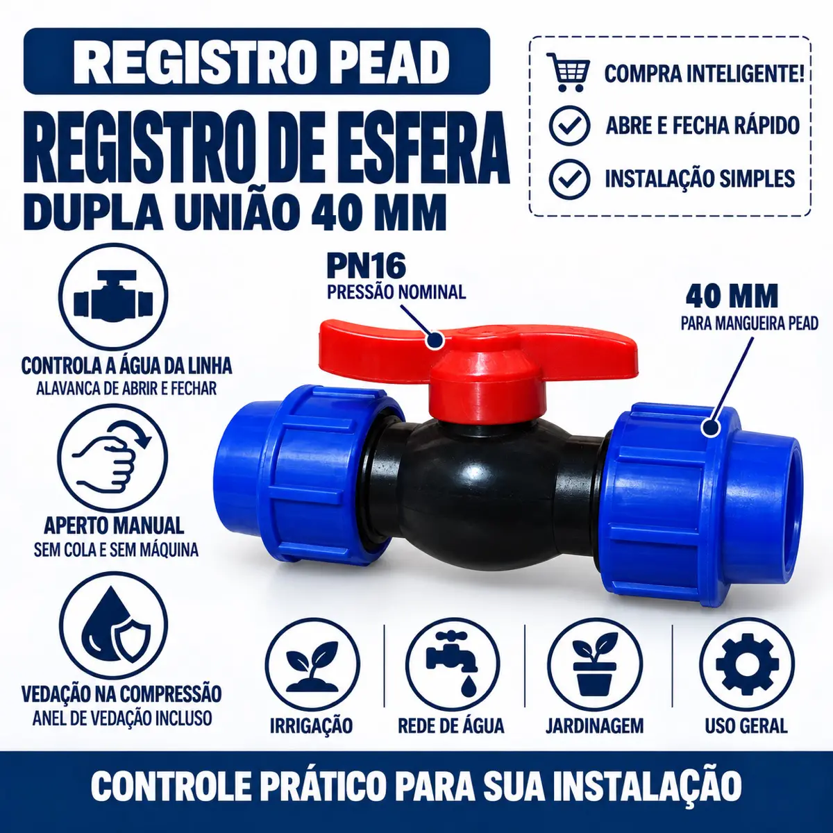 Registro de Esfera PEAD 40 mm – Válvula de Compressão Dupla União