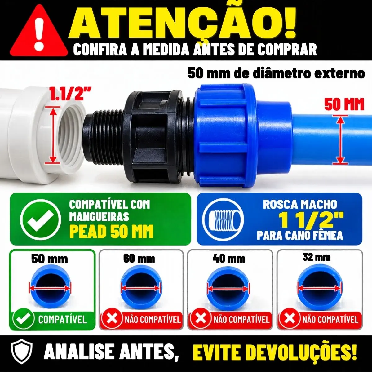 Adaptador Macho de Compressão PEAD 50 mm x 1.1/2" – Rosca Macho