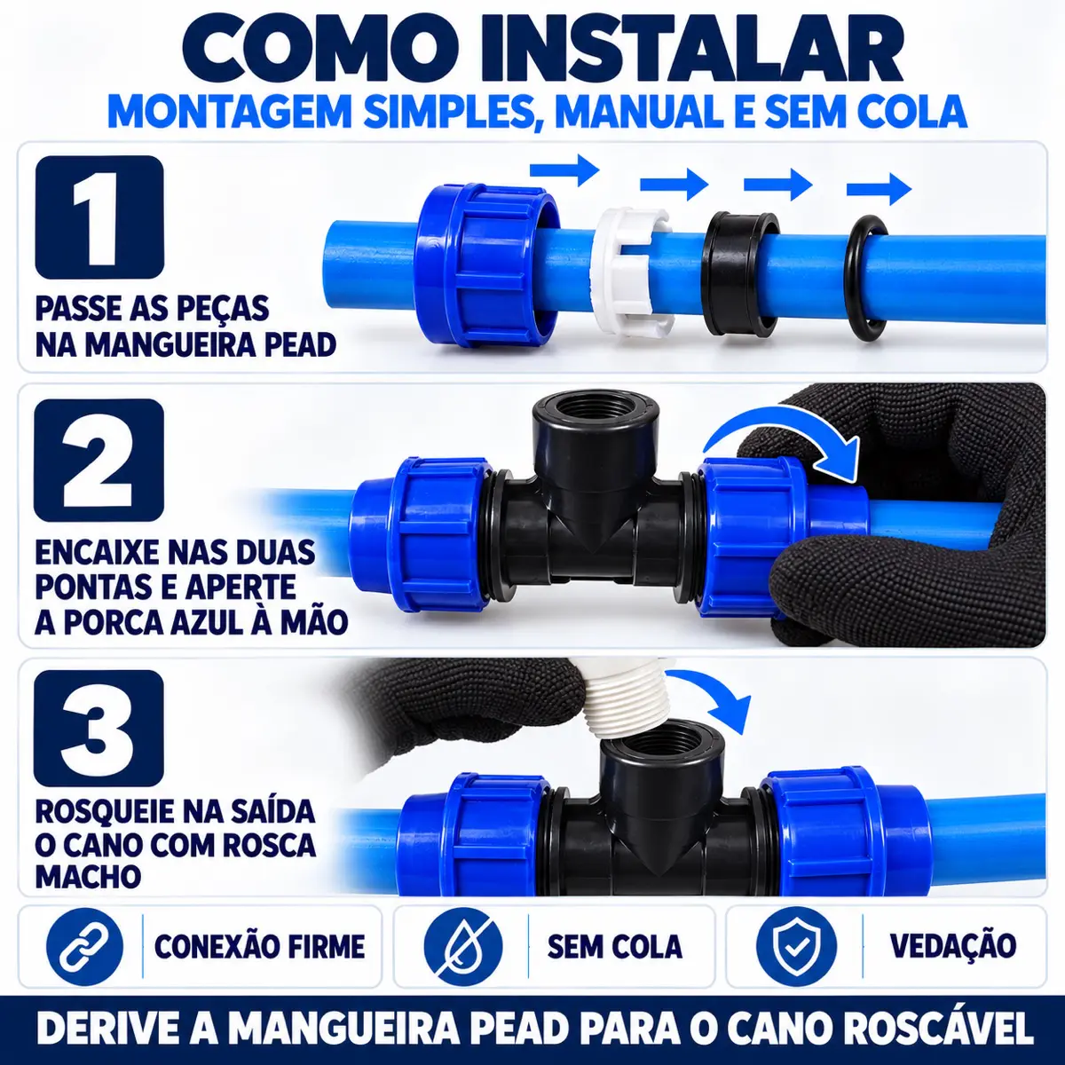 Tê Fêmea de Compressão PEAD 20 mm x 1/2" – Saída com Rosca Fêmea