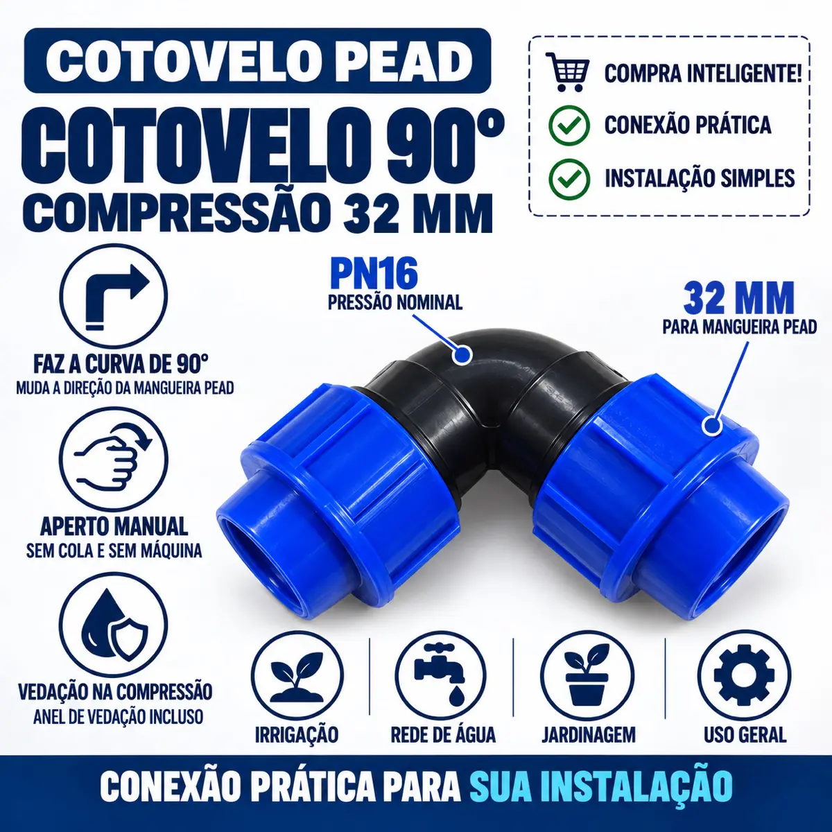 Cotovelo 90° de Compressão PEAD 32 mm – Joelho para Mangueira PEAD