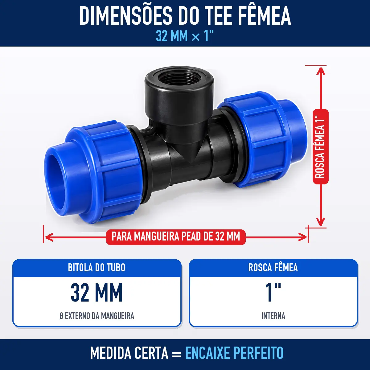 Tê Fêmea de Compressão PEAD 32 mm x 1" – Saída com Rosca Fêmea