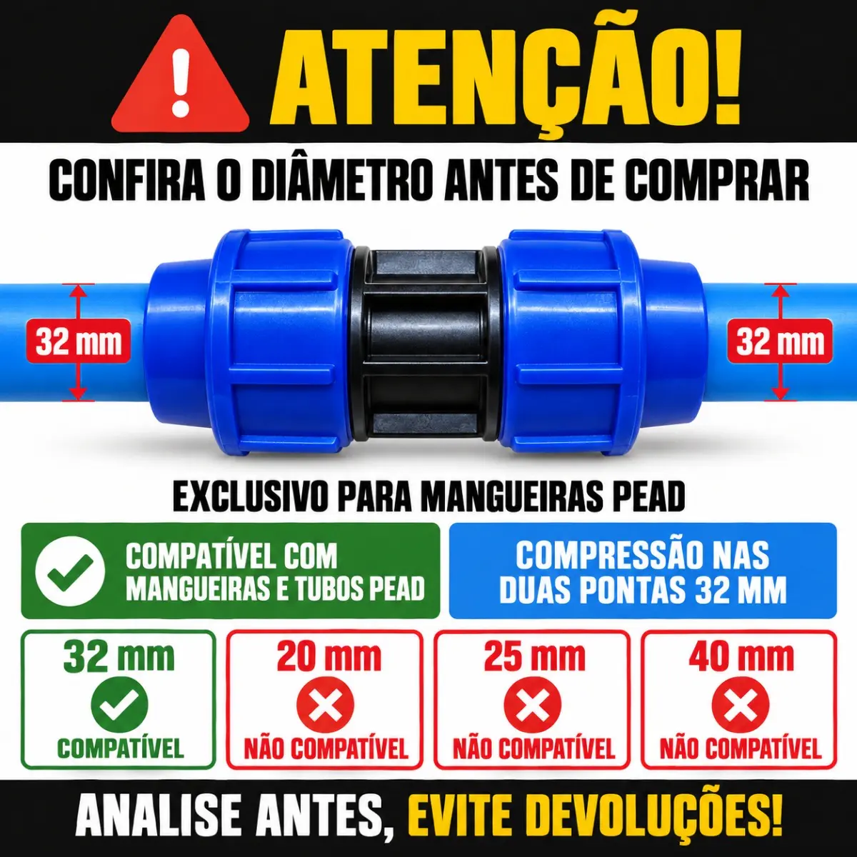 União de Compressão PEAD 32 mm – Luva para Tubo e Mangueira PEAD