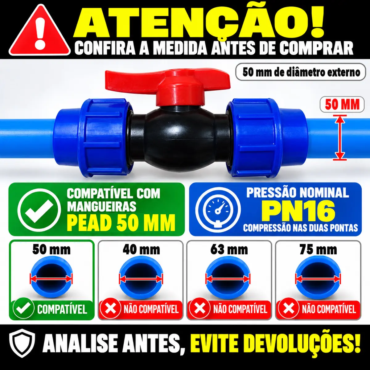 Registro de Esfera PEAD 50 mm – Válvula de Compressão Dupla União