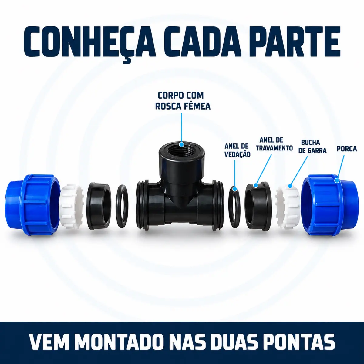 Tê Fêmea de Compressão PEAD 20 mm x 1/2" – Saída com Rosca Fêmea