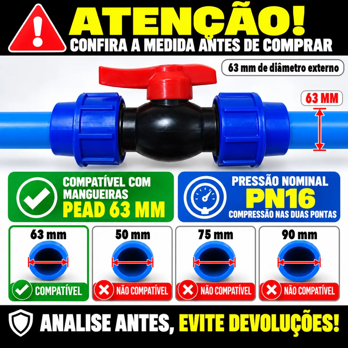 Registro de Esfera PEAD 63 mm – Válvula de Compressão Dupla União