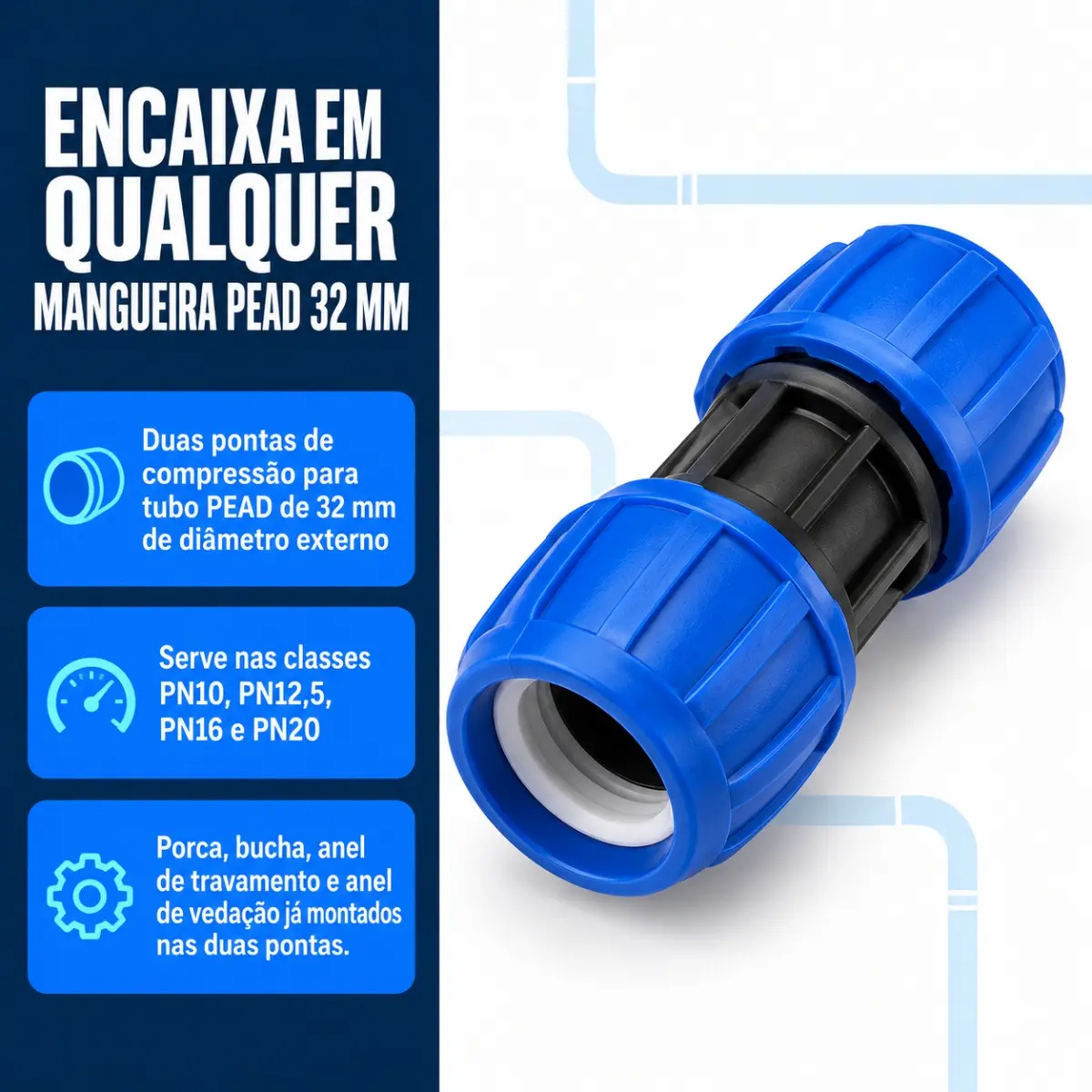 União de Compressão PEAD 32 mm – Luva para Tubo e Mangueira PEAD
