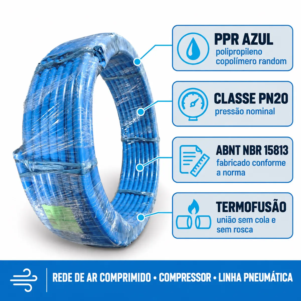 Tubo PPR Ar Comprimido Azul 20 mm PN 20 Barra 3 m
