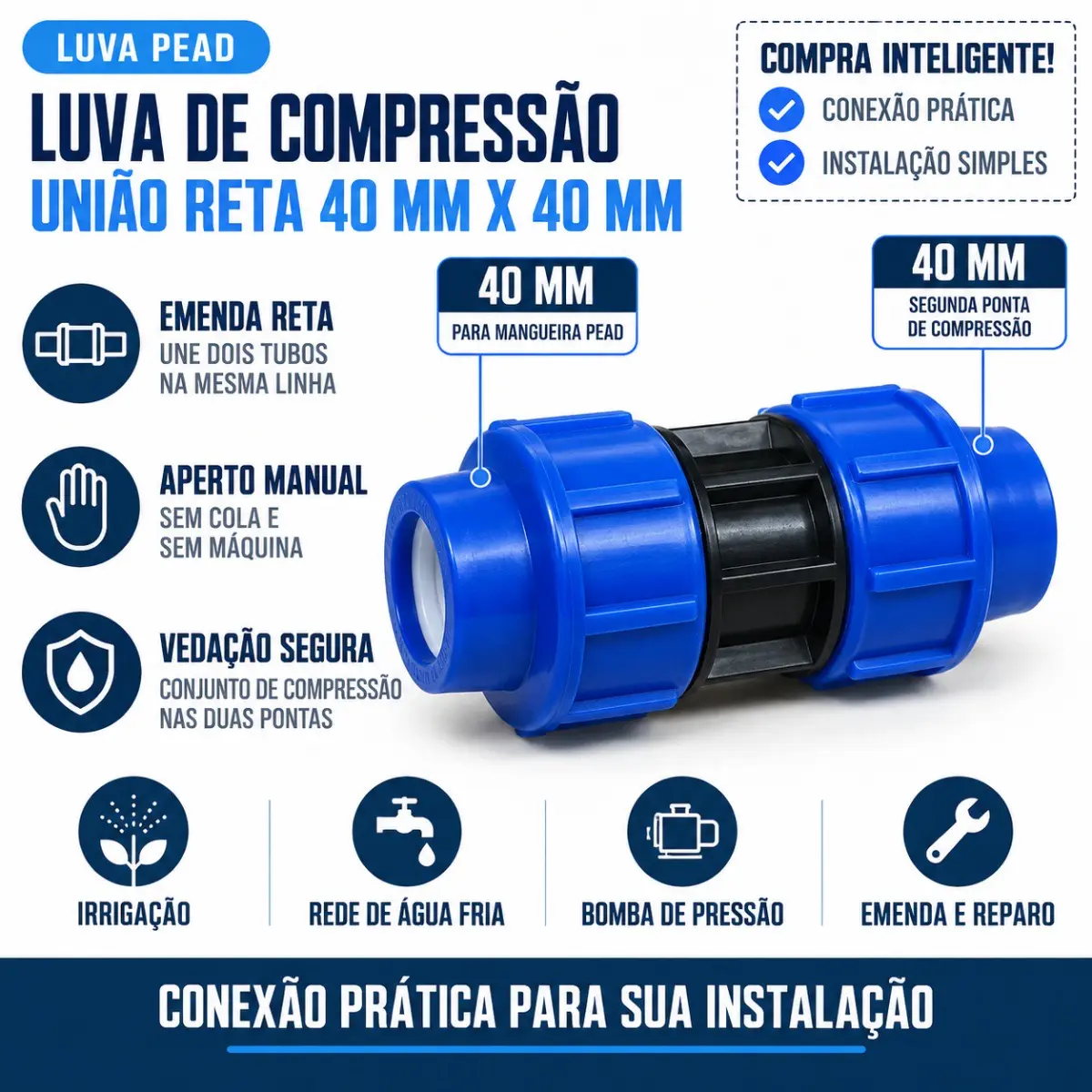 União de Compressão PEAD 40 mm – Luva para Tubo e Mangueira PEAD