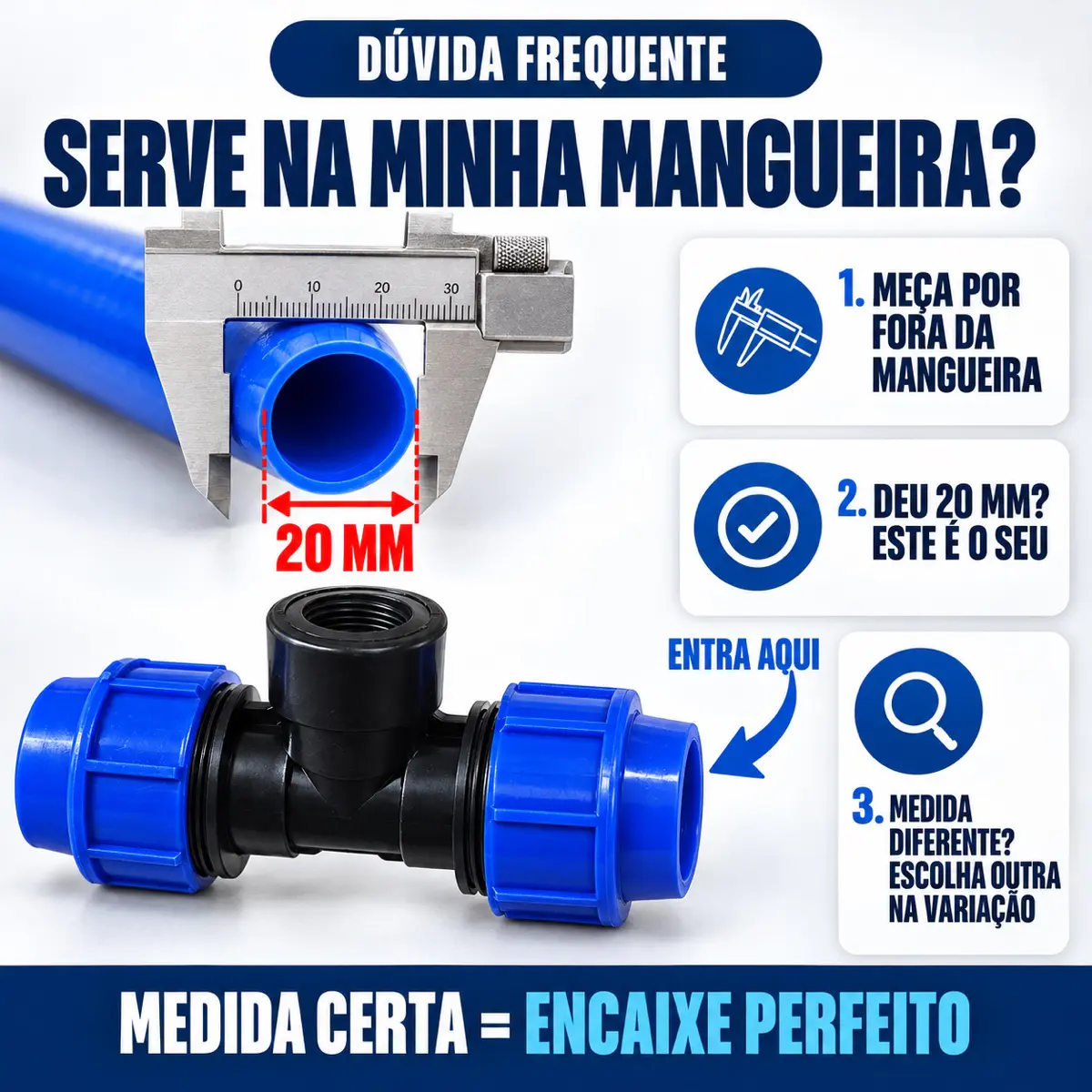 Tê Fêmea de Compressão PEAD 20 mm x 1/2" – Saída com Rosca Fêmea