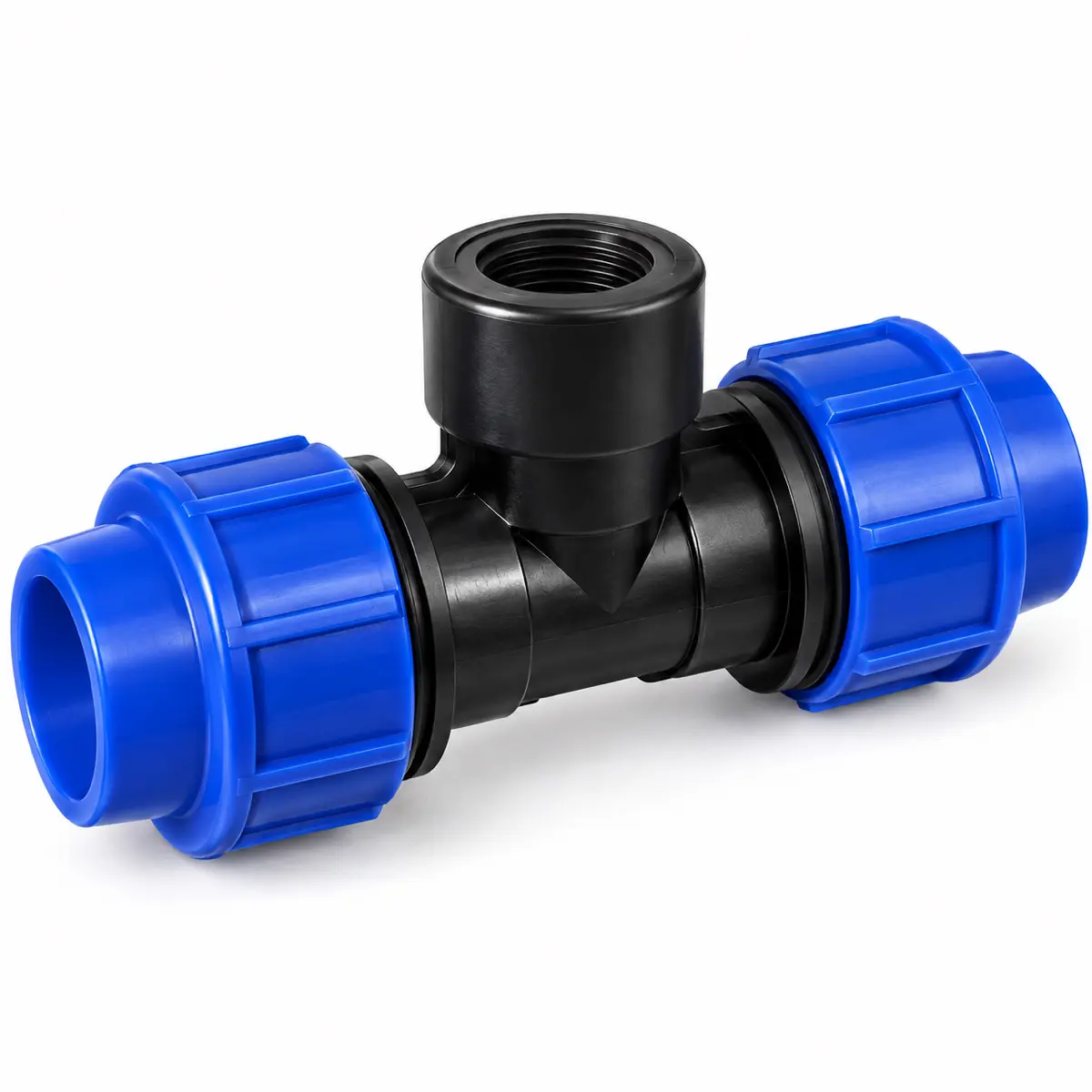 Tê Fêmea de Compressão PEAD 20 mm x 1/2" – Saída com Rosca Fêmea