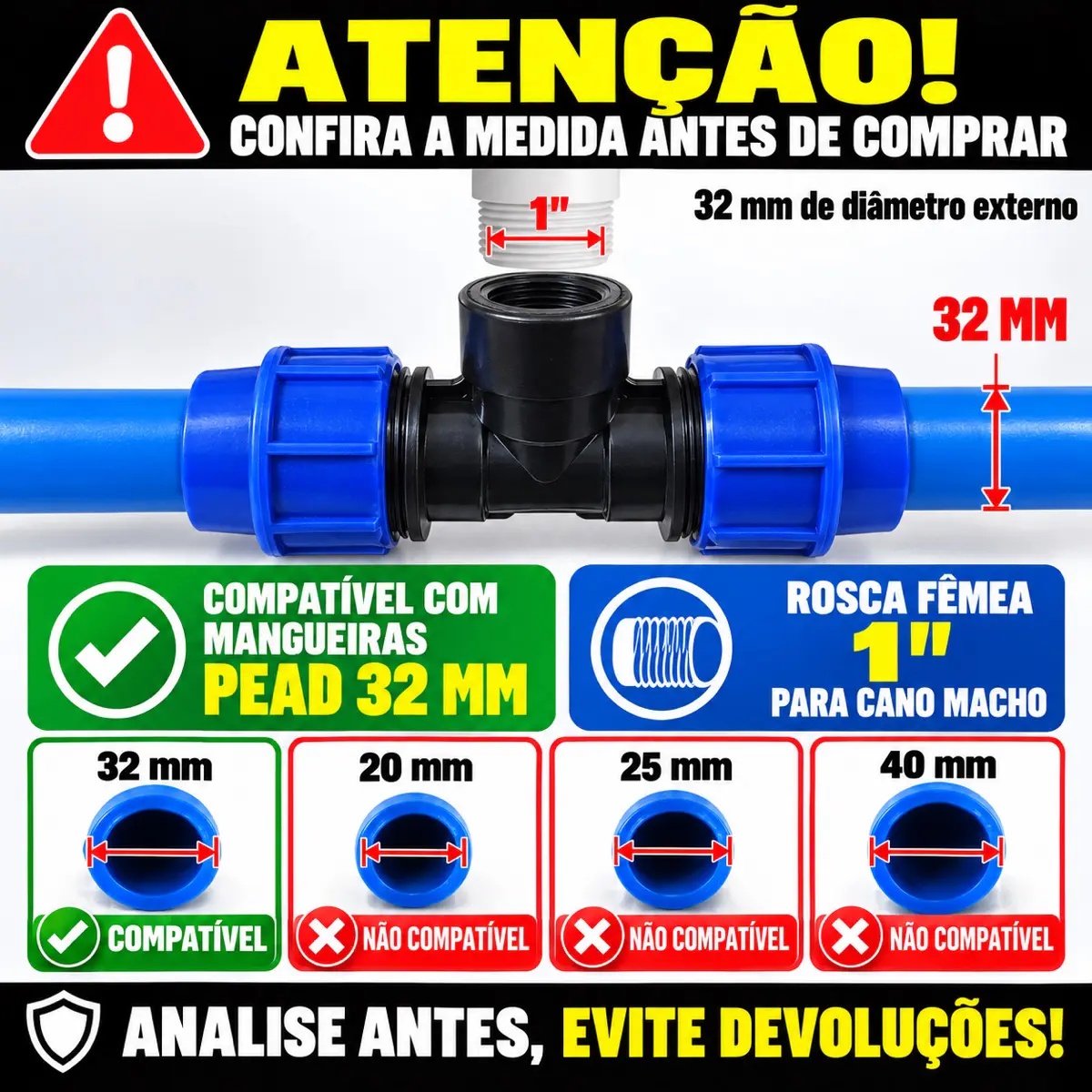 Tê Fêmea de Compressão PEAD 32 mm x 1" – Saída com Rosca Fêmea