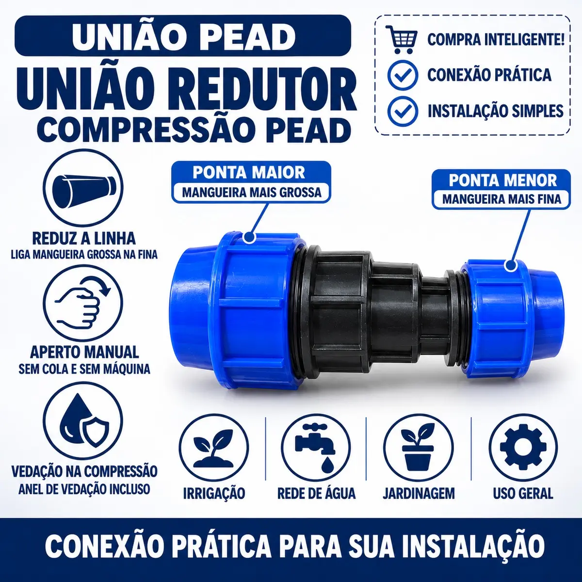 União Redutora de Compressão PEAD 25 x 20 mm – Luva de Redução