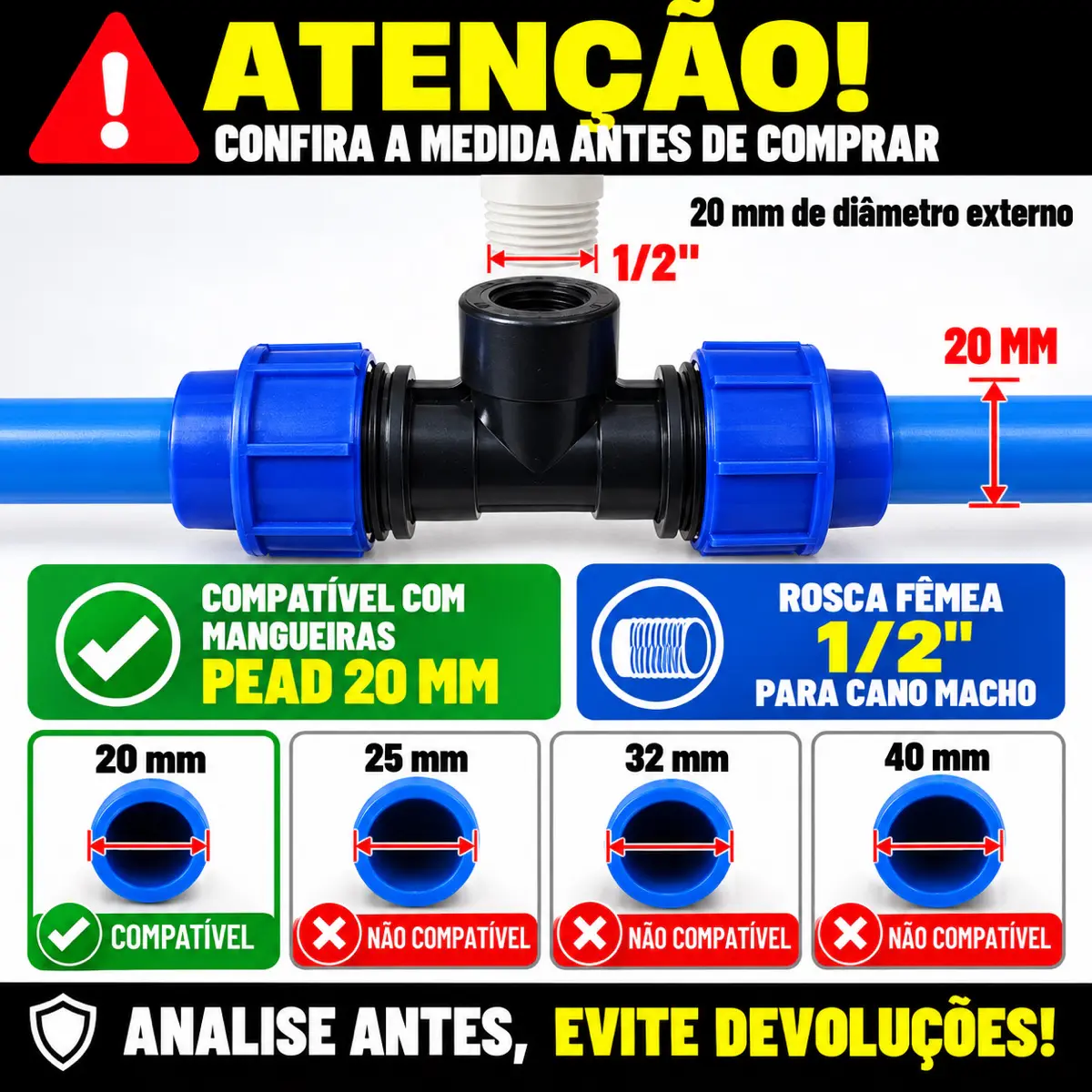 Tê Fêmea de Compressão PEAD 20 mm x 1/2" – Saída com Rosca Fêmea