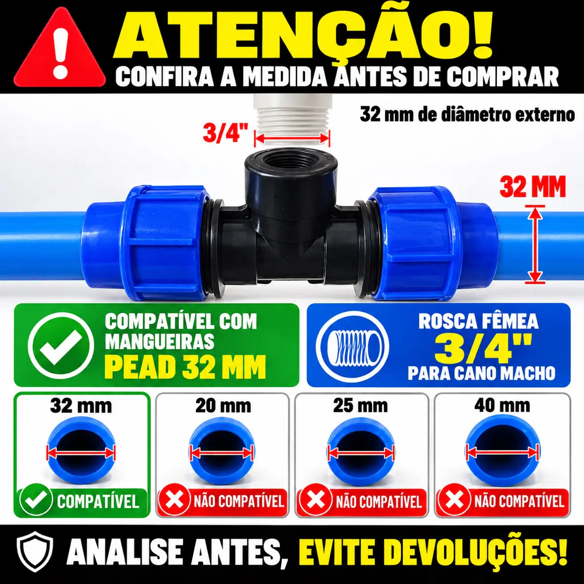 Tê Fêmea de Compressão PEAD 32 mm x 3/4" – Saída com Rosca Fêmea