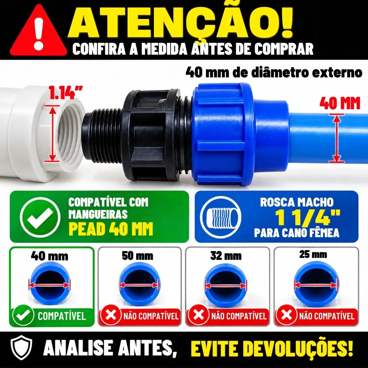 Adaptador Macho de Compressão PEAD 40 mm x 1.1/4" – Rosca Macho