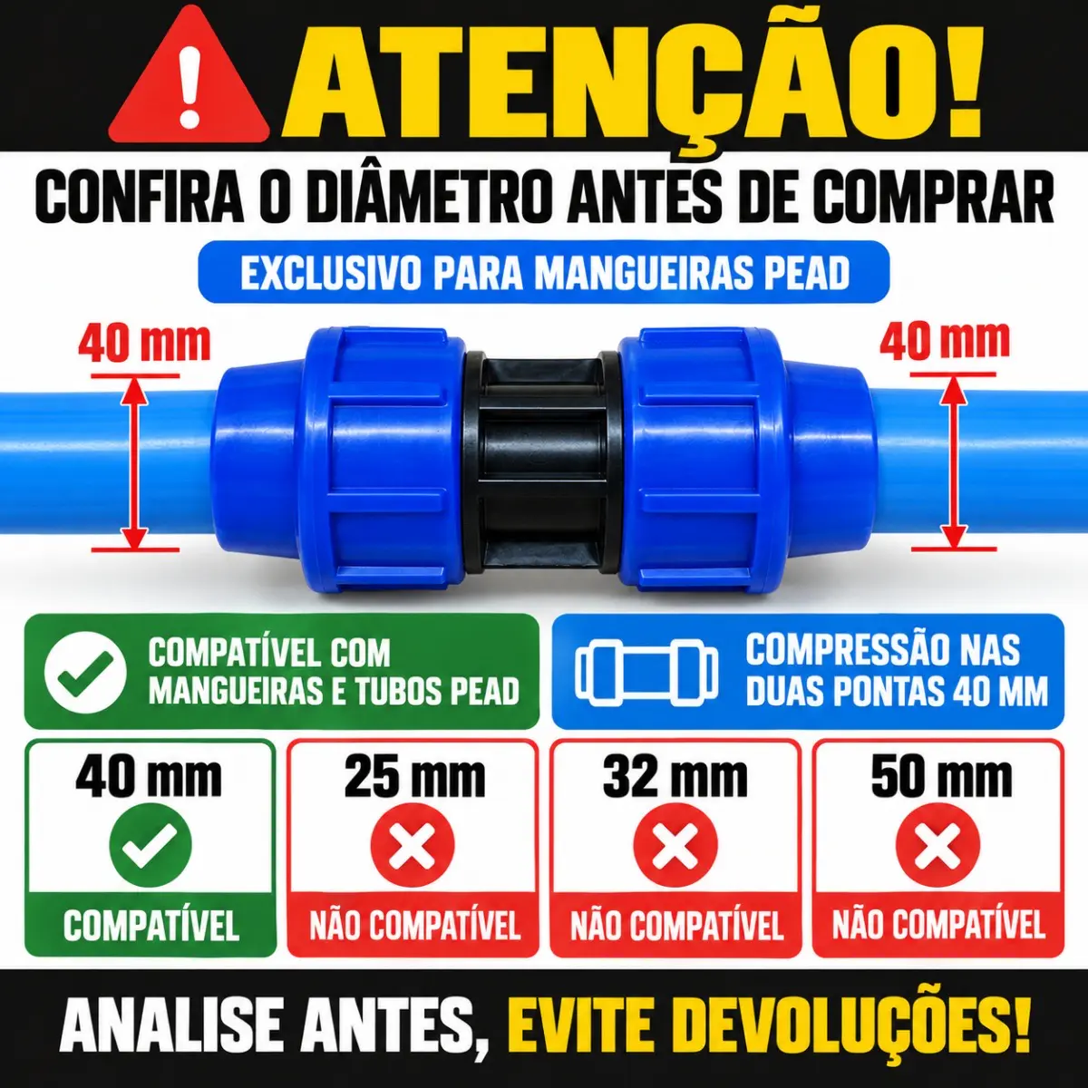 União de Compressão PEAD 40 mm – Luva para Tubo e Mangueira PEAD