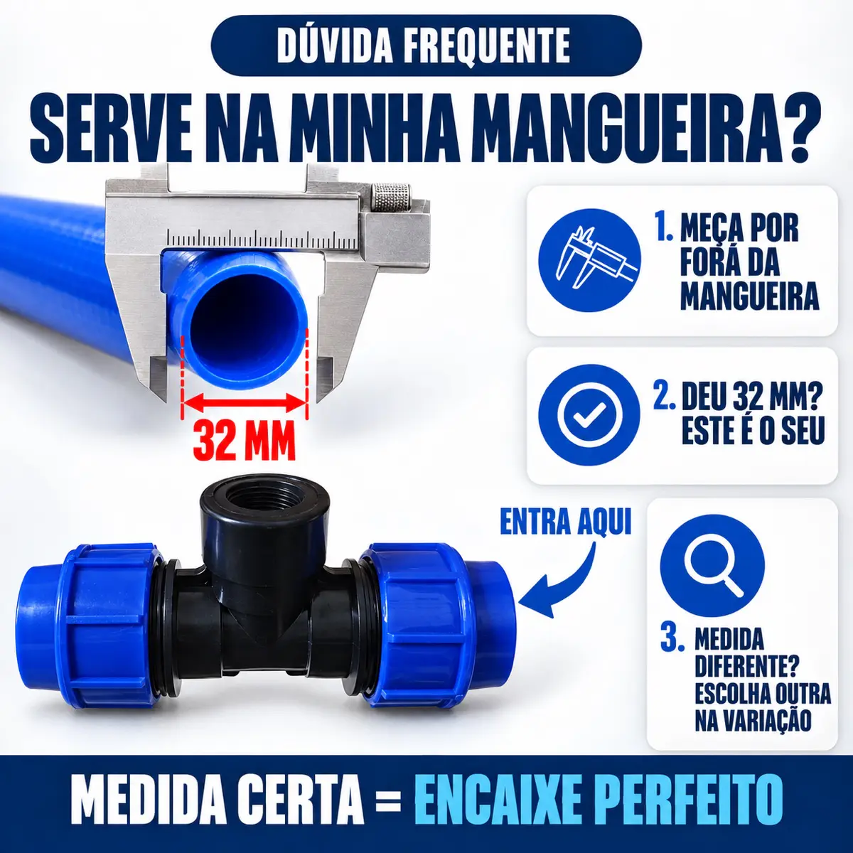 Tê Fêmea de Compressão PEAD 32 mm x 1" – Saída com Rosca Fêmea