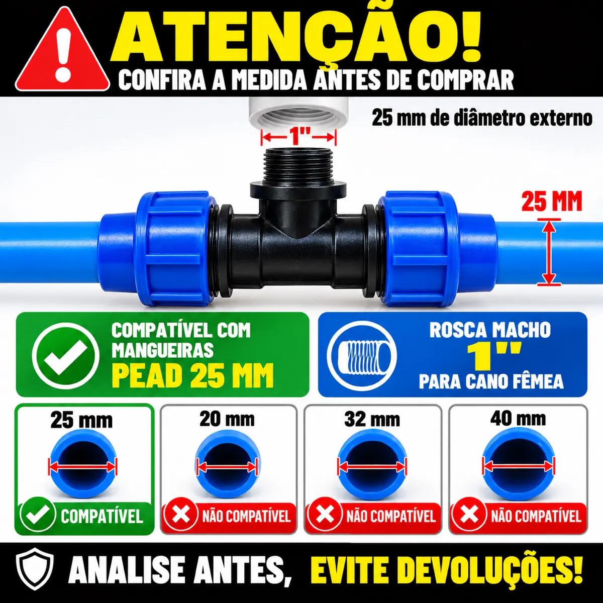 Tê Macho de Compressão PEAD 25 mm x 1" – Saída com Rosca Macho