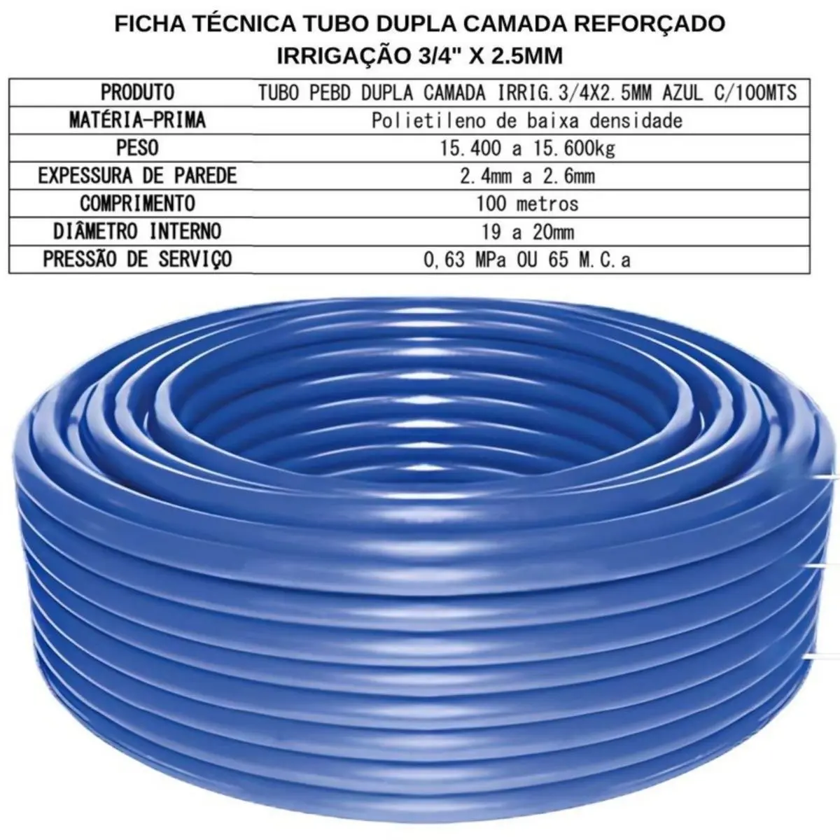 Mangueira PEBD Azul Dupla Camada 3/4" x 2,5 mm Rolo 100 m – Reforçada