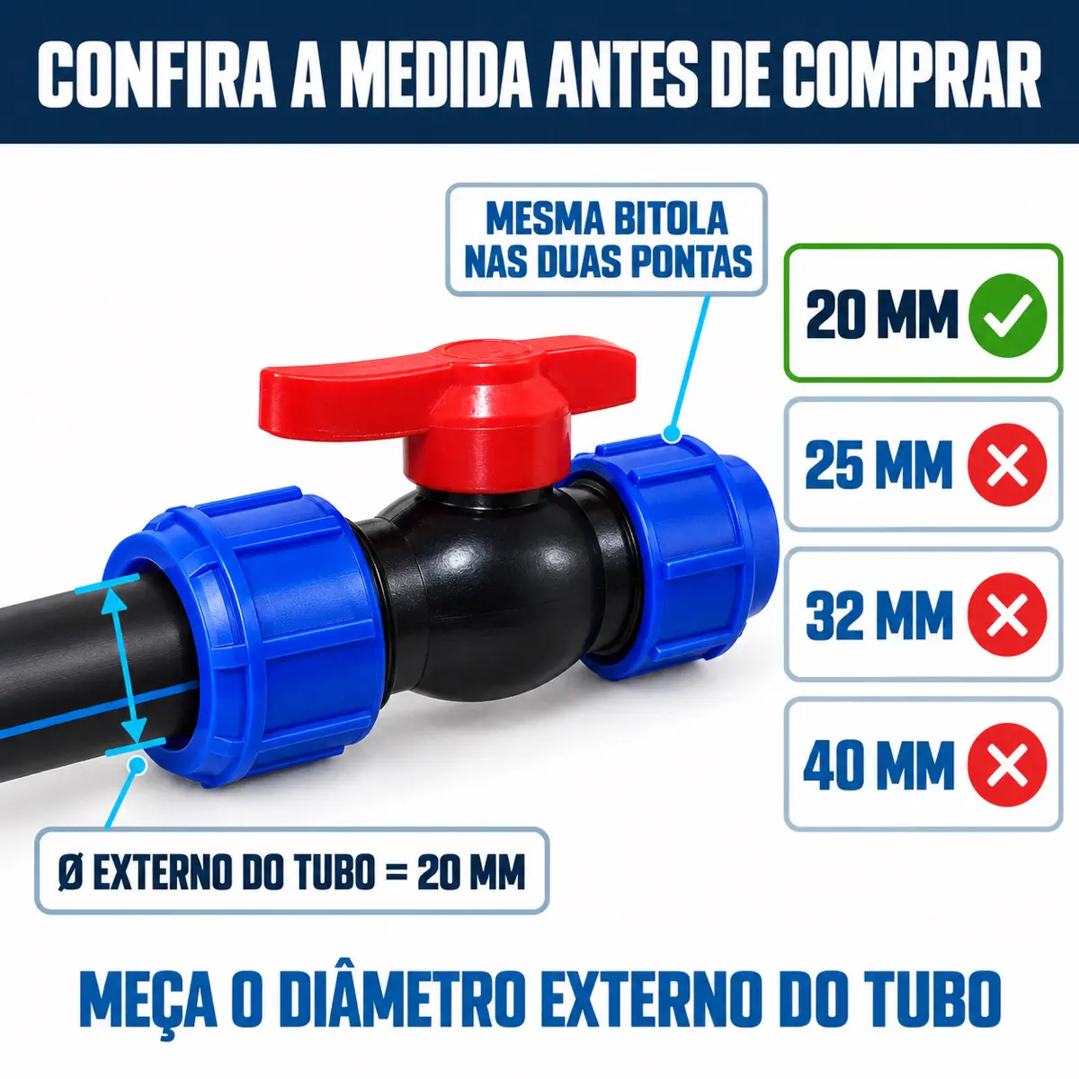 Registro de Esfera PEAD 20 mm – Válvula de Compressão Dupla União