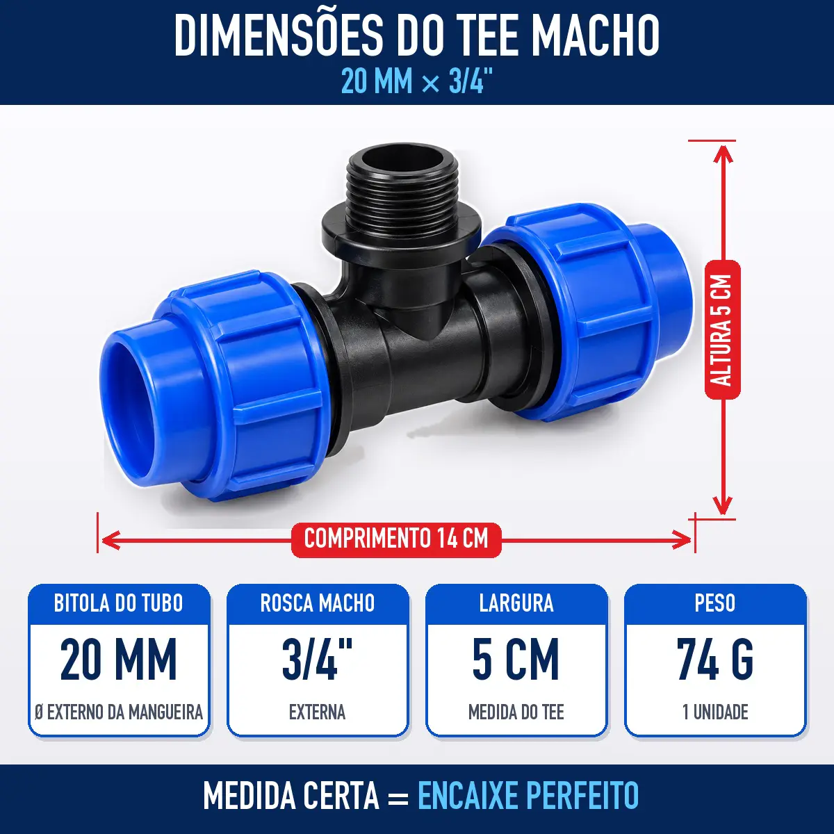 Tê Macho de Compressão PEAD 20 mm x 3/4" – Saída com Rosca Macho