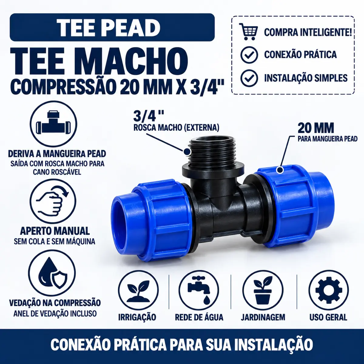 Tê Macho de Compressão PEAD 20 mm x 3/4" – Saída com Rosca Macho