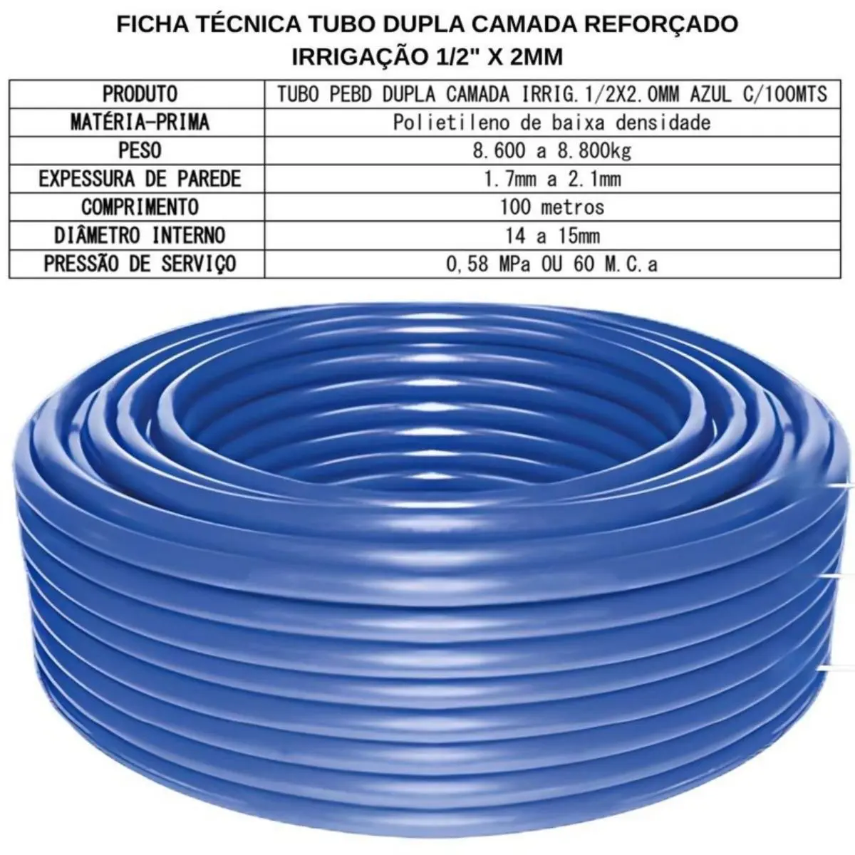 Mangueira PEBD Azul Dupla Camada 1/2" x 2,0 mm Rolo 100 m – Reforçada