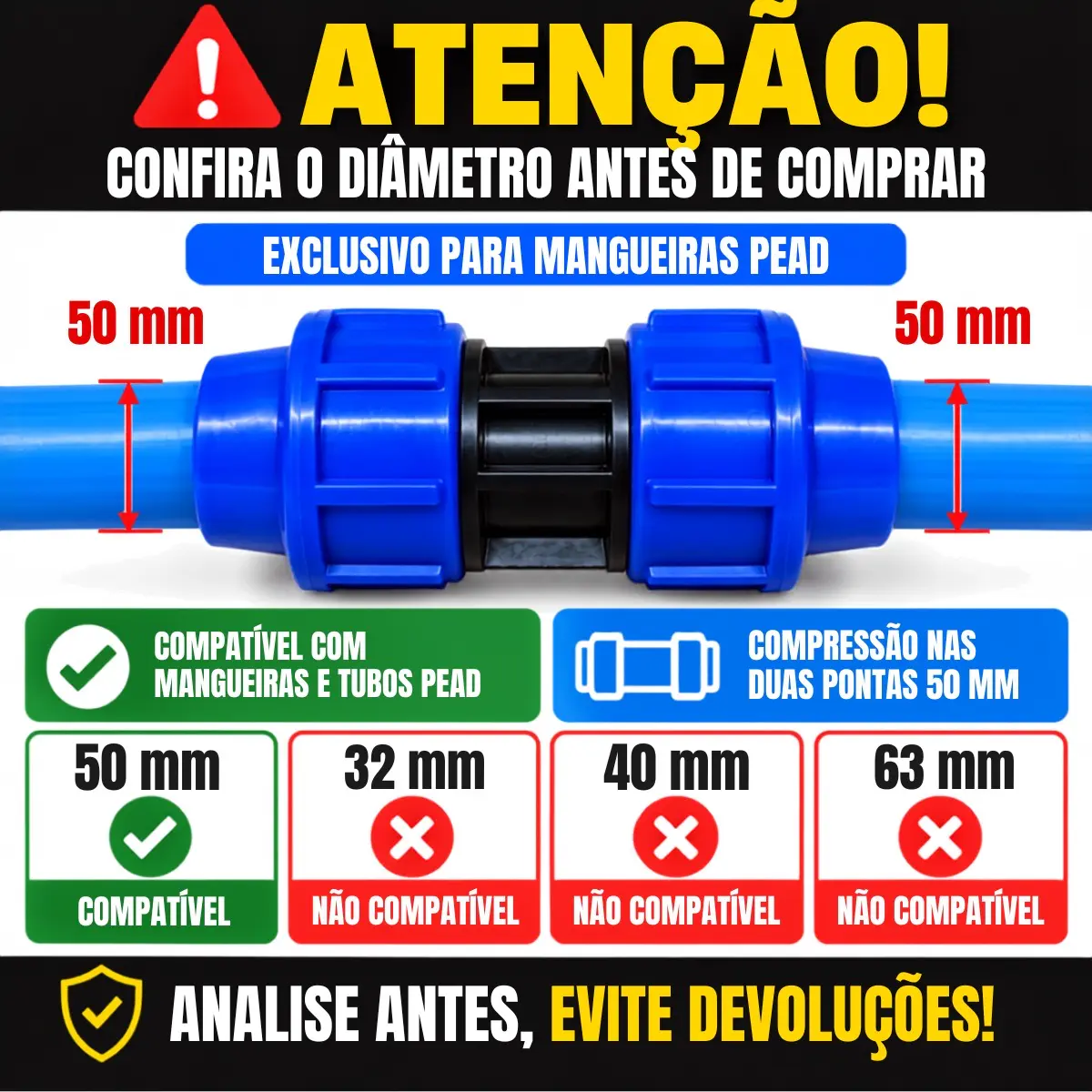 União de Compressão PEAD 50 mm – Luva para Tubo e Mangueira PEAD