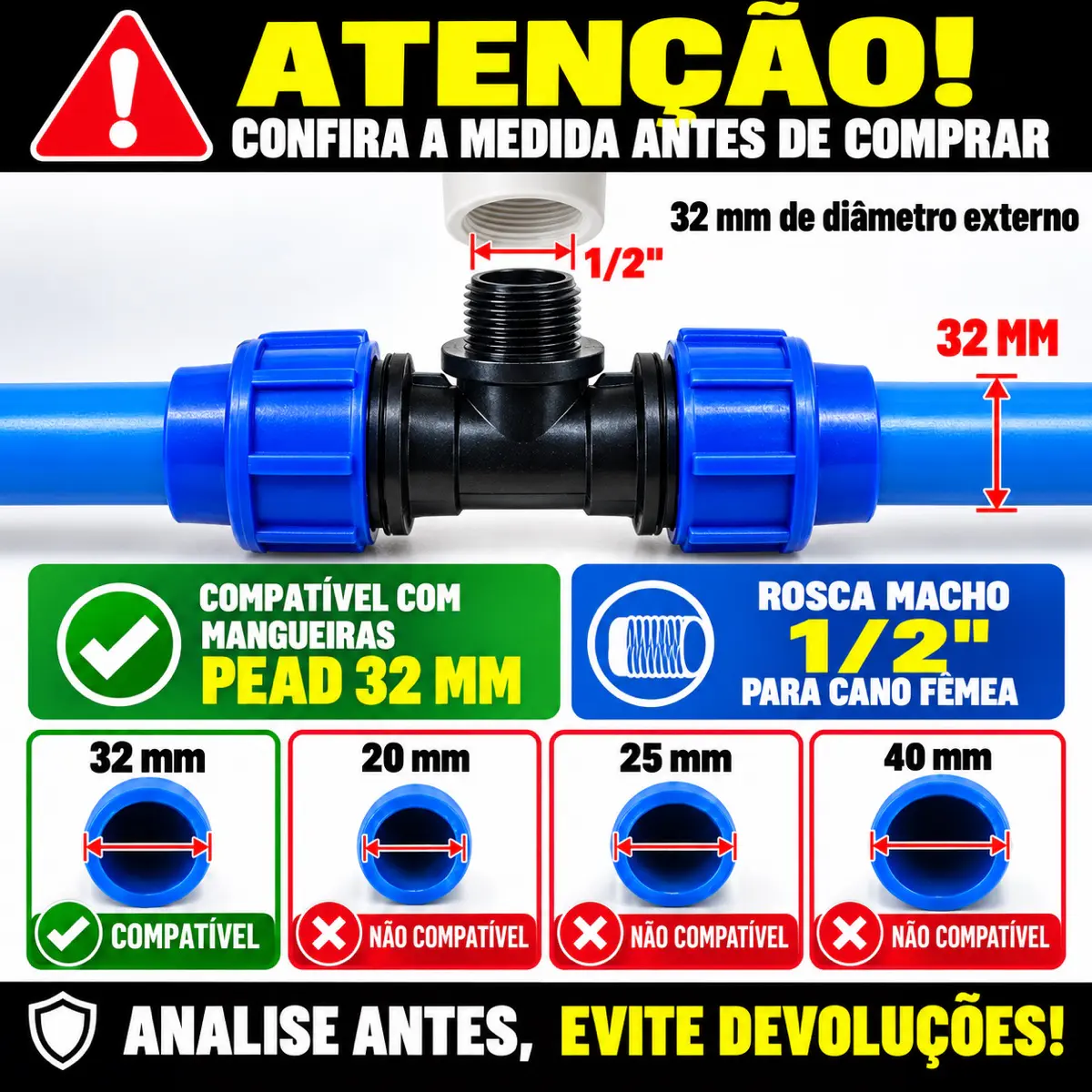 Tê Macho de Compressão PEAD 32 mm x 1/2" – Saída com Rosca Macho