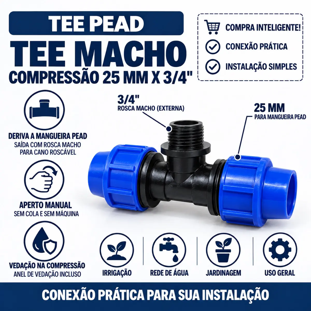 Tê Macho de Compressão PEAD 25 mm x 3/4" – Saída com Rosca Macho