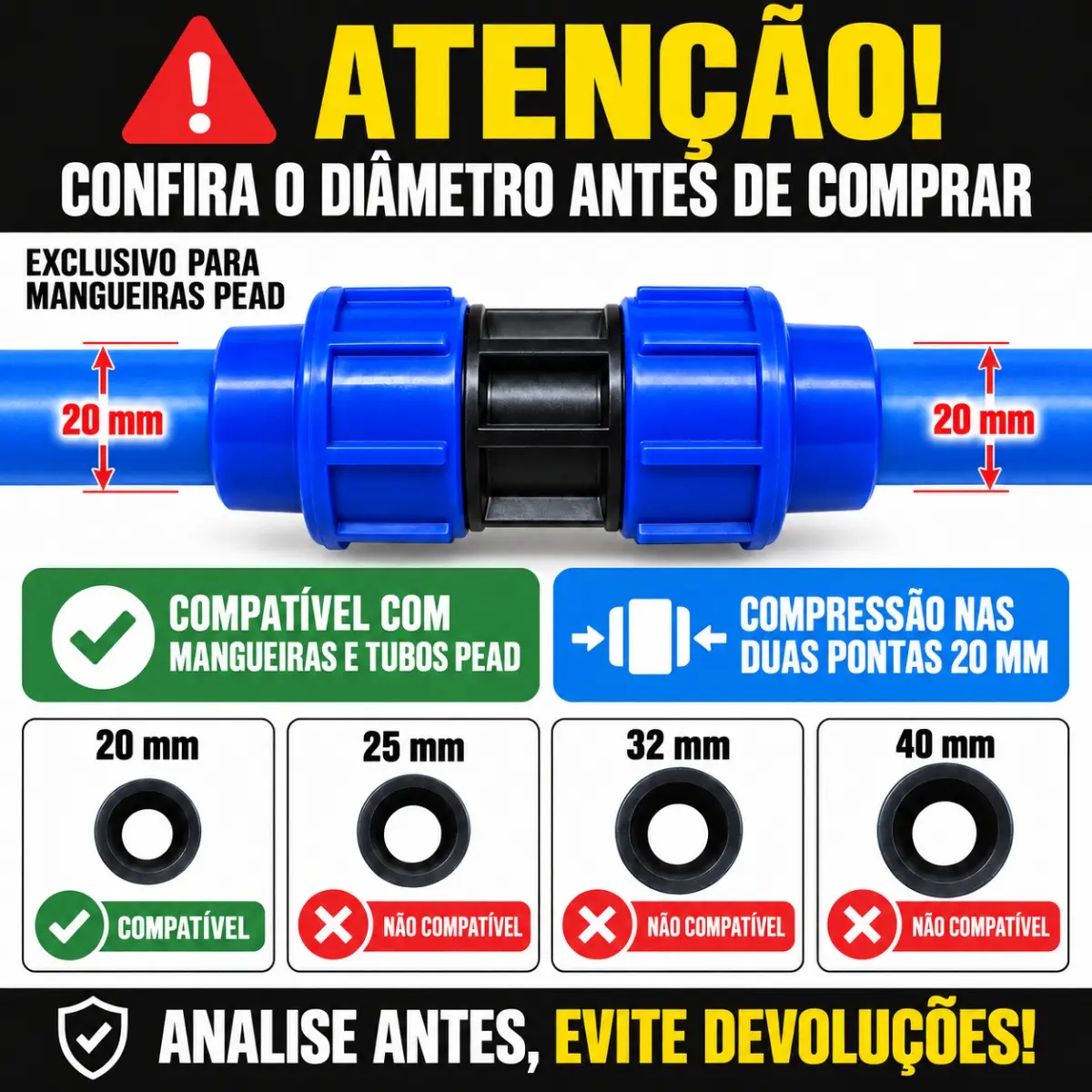 União de Compressão PEAD 20 mm – Luva para Tubo e Mangueira PEAD