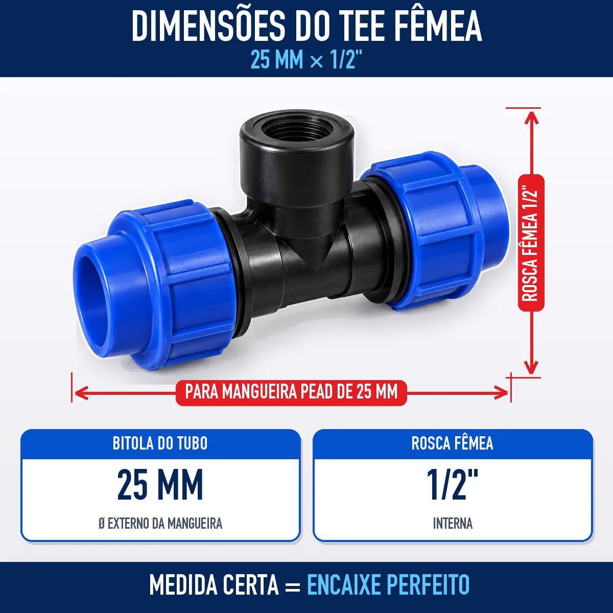 Tê Fêmea de Compressão PEAD 25 mm x 1/2" – Saída com Rosca Fêmea