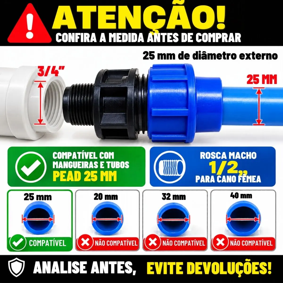 Adaptador Macho de Compressão PEAD 25 mm x 3/4" – Rosca Macho