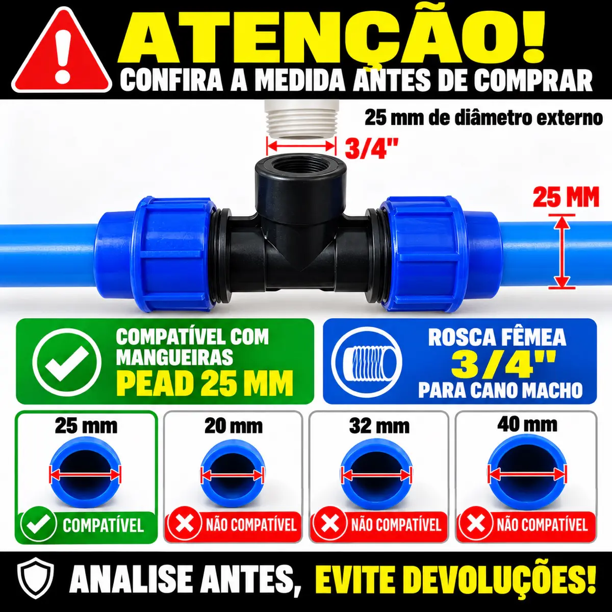 Tê Fêmea de Compressão PEAD 25 mm x 3/4" – Saída com Rosca Fêmea