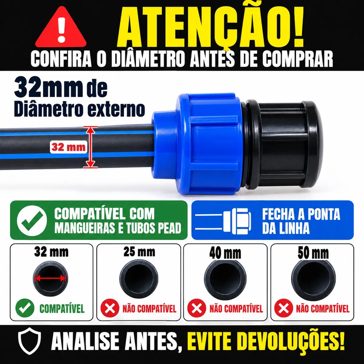Tampão de Compressão PEAD 32 mm – Cap para Final de Linha