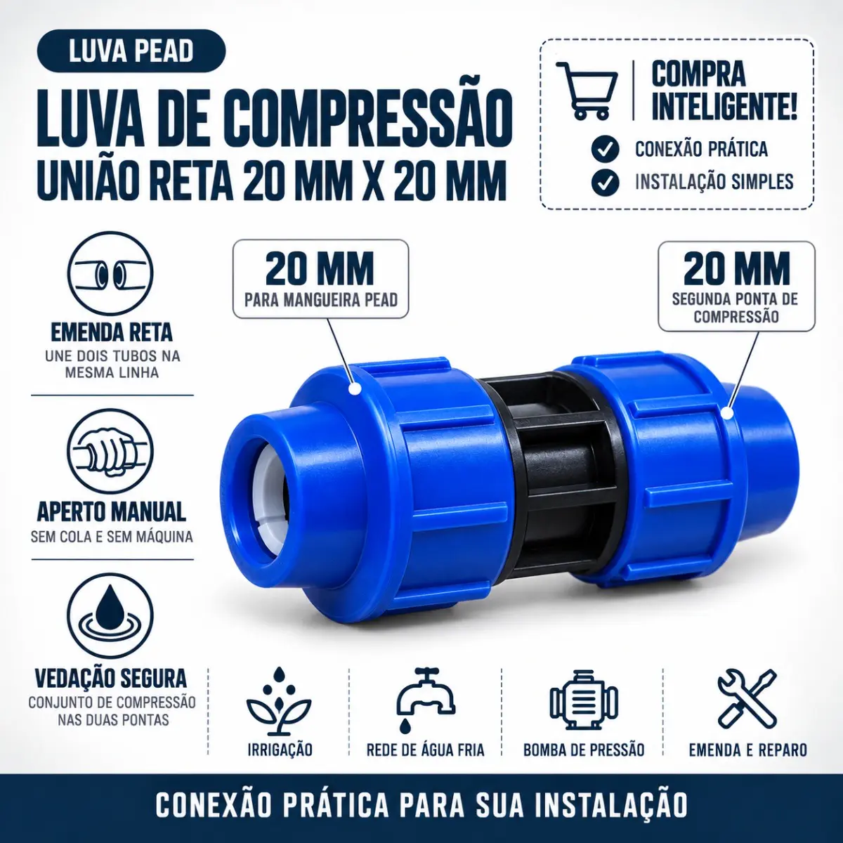 União de Compressão PEAD 20 mm – Luva para Tubo e Mangueira PEAD