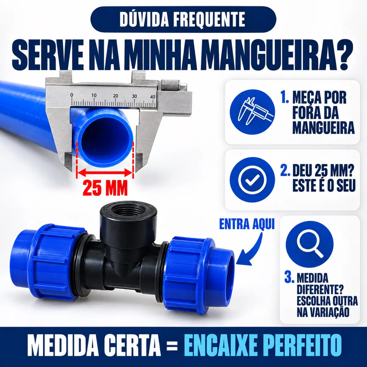 Tê Fêmea de Compressão PEAD 25 mm x 1/2" – Saída com Rosca Fêmea
