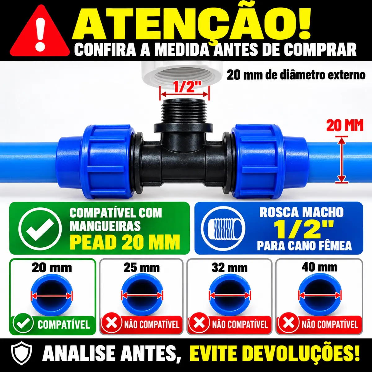 Tê Macho de Compressão PEAD 20 mm x 1/2" – Saída com Rosca Macho