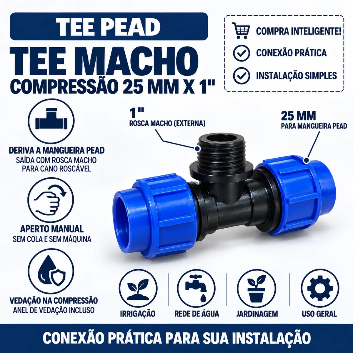 Tê Macho de Compressão PEAD 25 mm x 1" – Saída com Rosca Macho