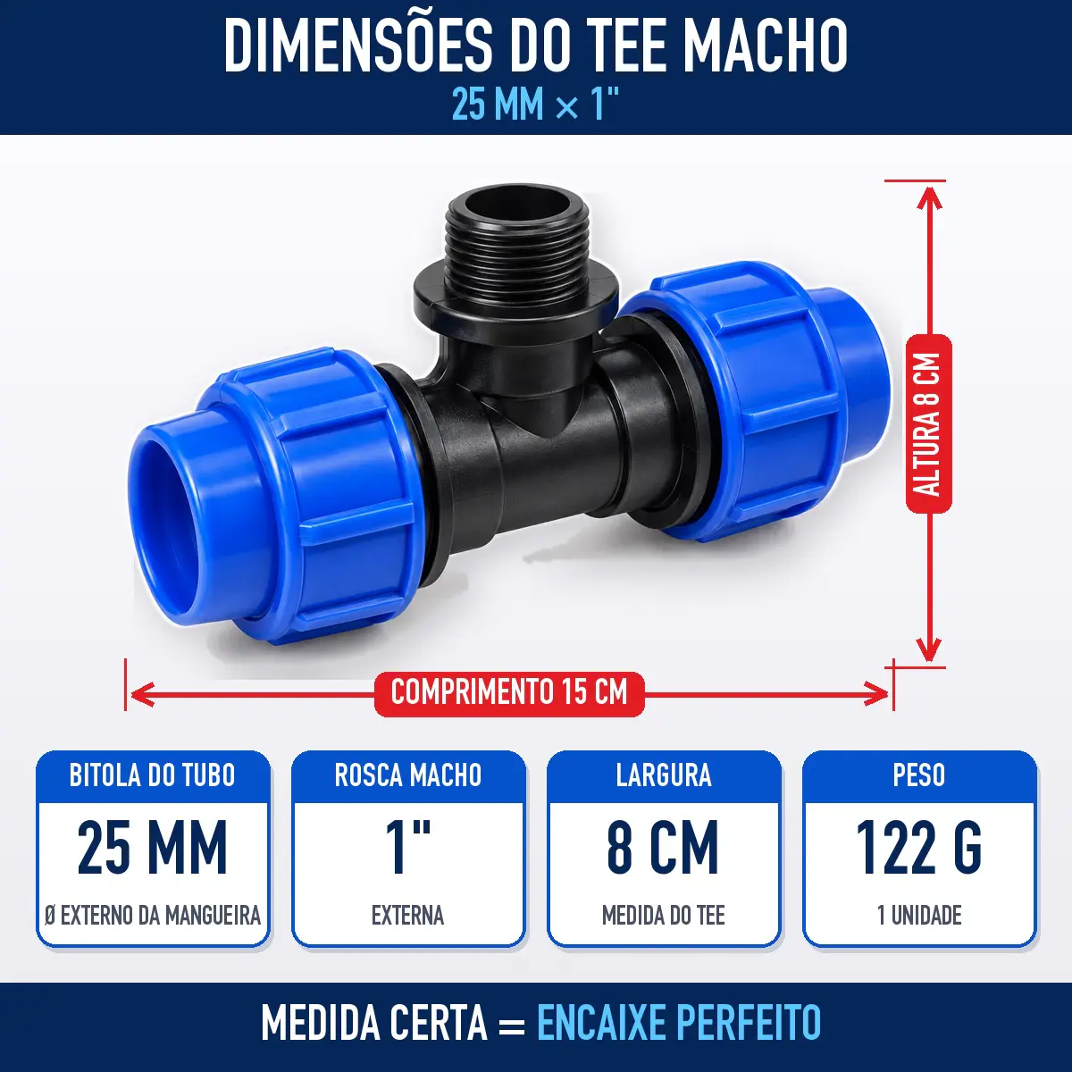 Tê Macho de Compressão PEAD 25 mm x 1" – Saída com Rosca Macho