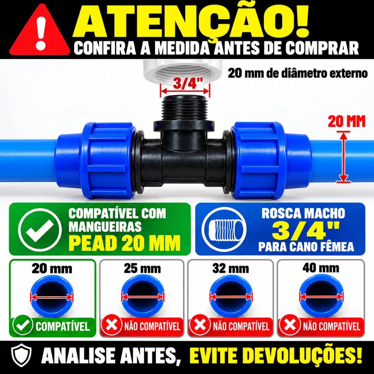 Tê Macho de Compressão PEAD 20 mm x 3/4" – Saída com Rosca Macho