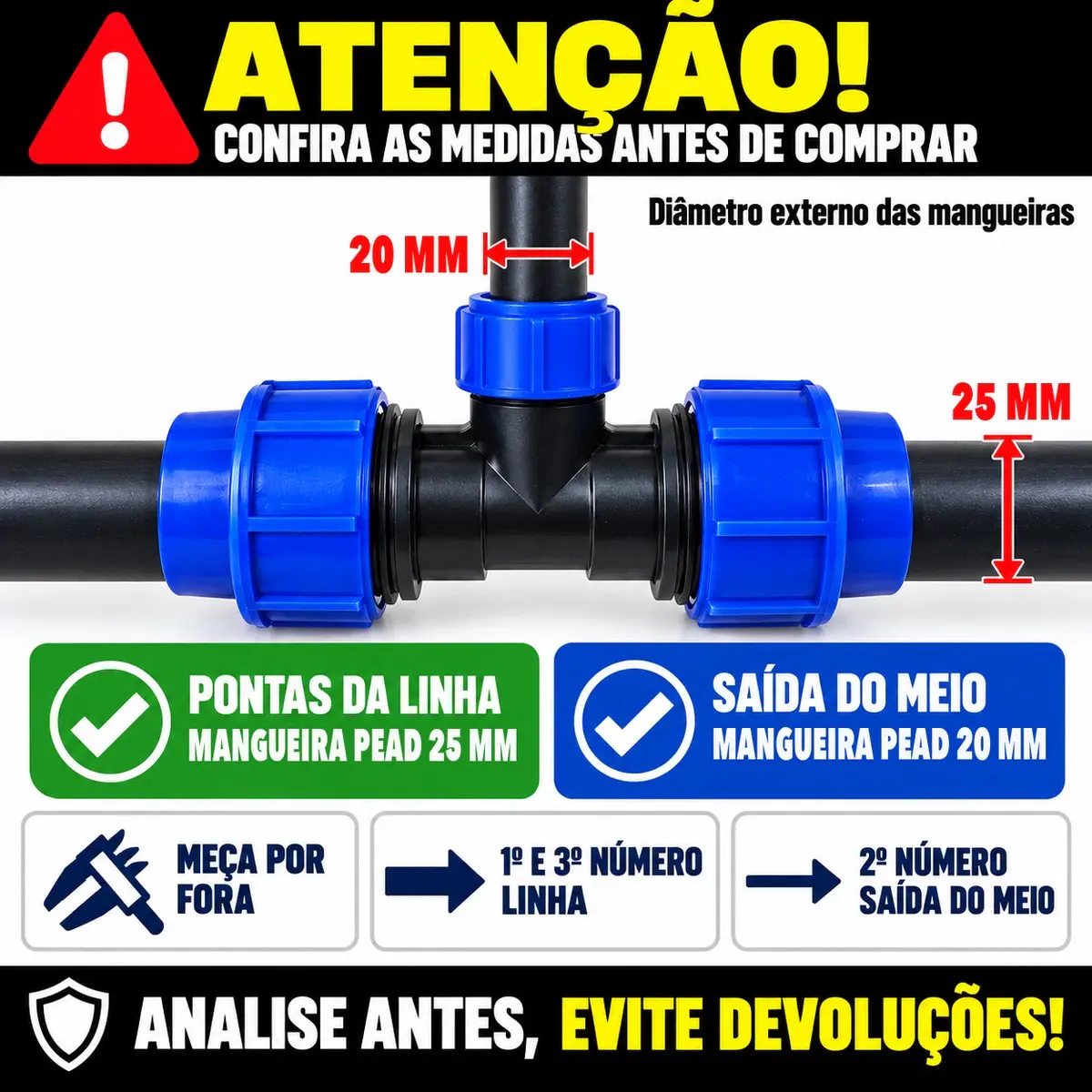 Tê Redutor de Compressão PEAD 25 x 20 x 25 mm – Derivação com Redução