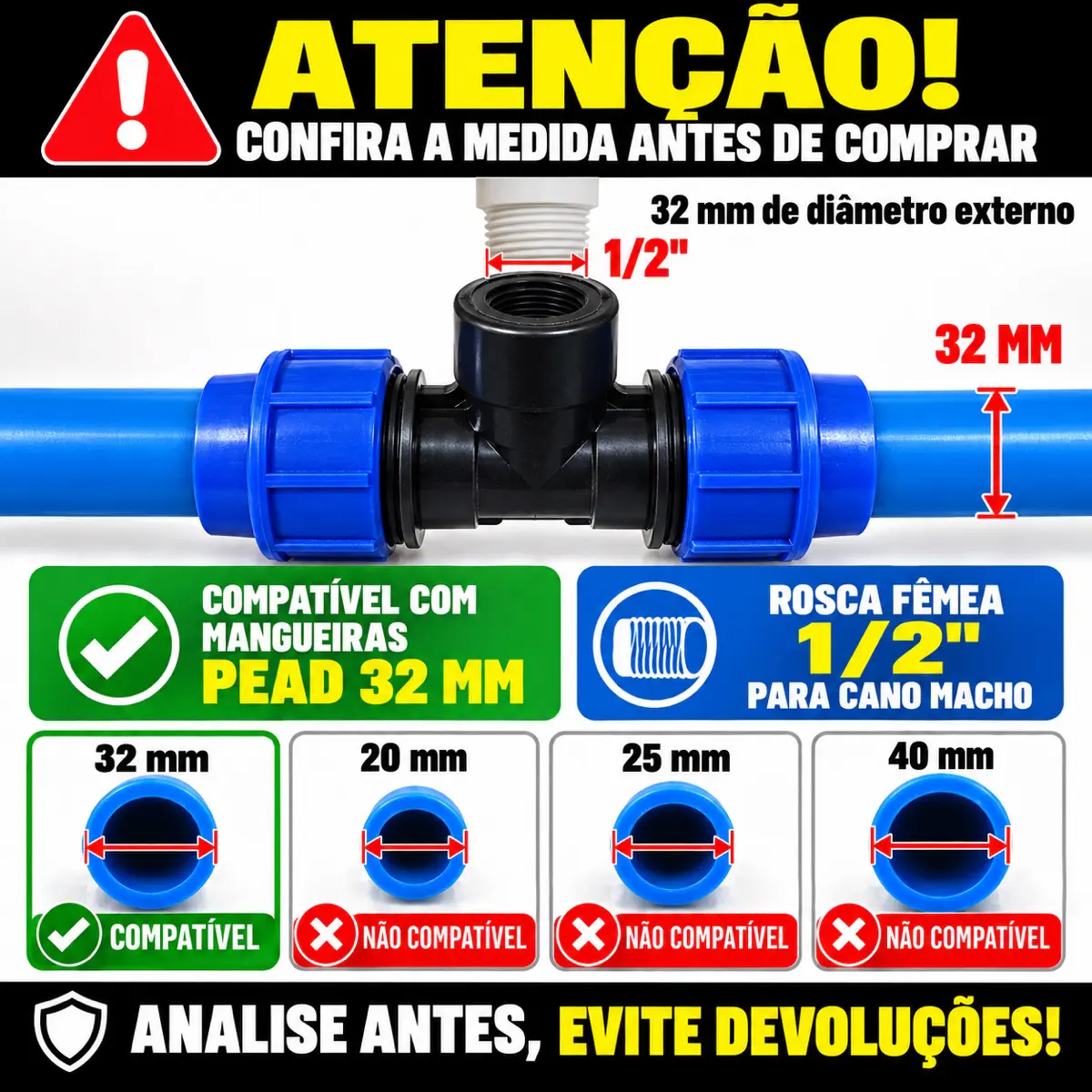 Tê Fêmea de Compressão PEAD 32 mm x 1/2" – Saída com Rosca Fêmea