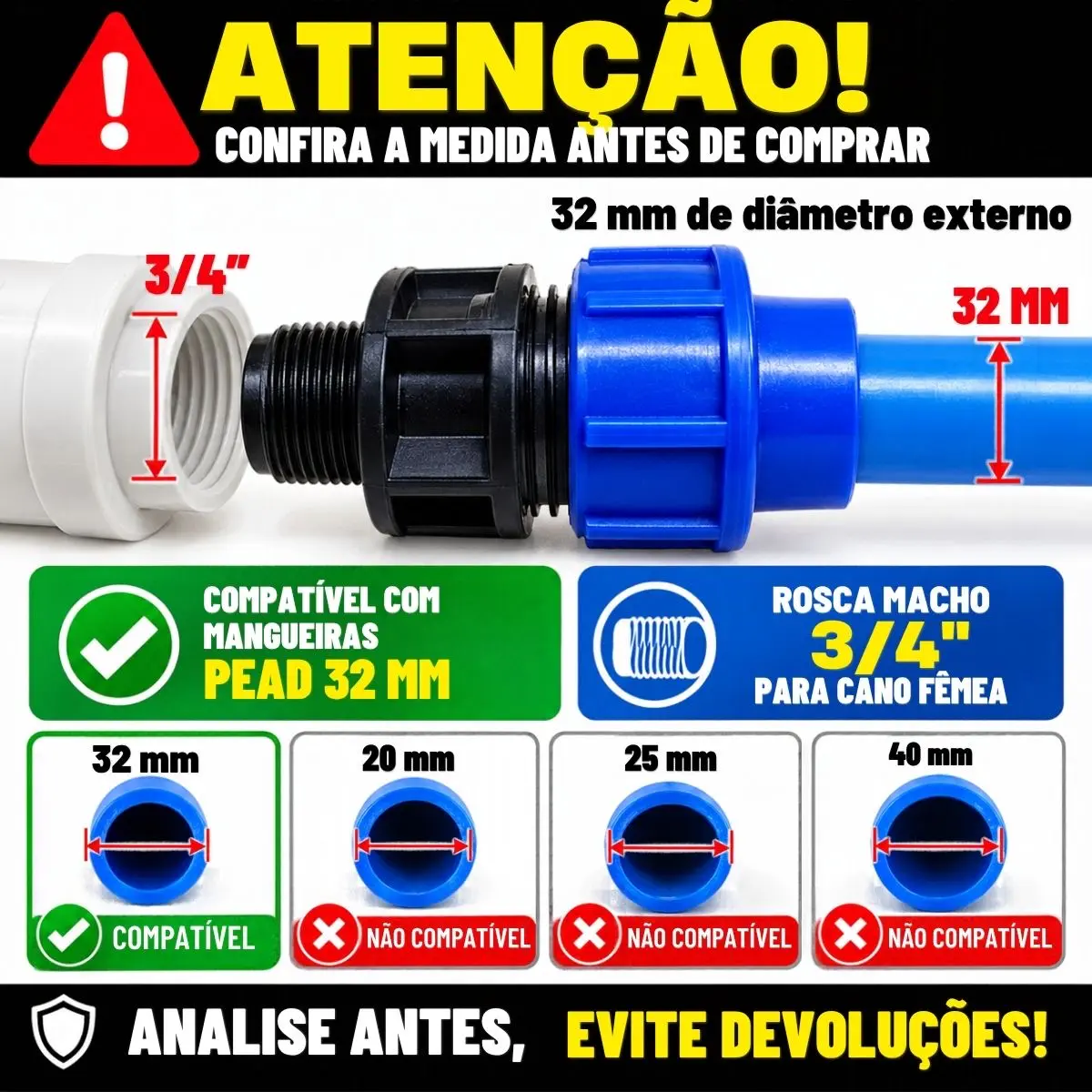 Adaptador Macho de Compressão PEAD 32 mm x 3/4" – Rosca Macho