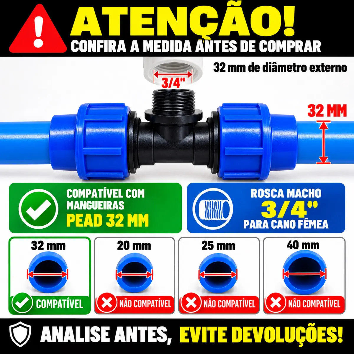 Tê Macho de Compressão PEAD 32 mm x 3/4" – Saída com Rosca Macho