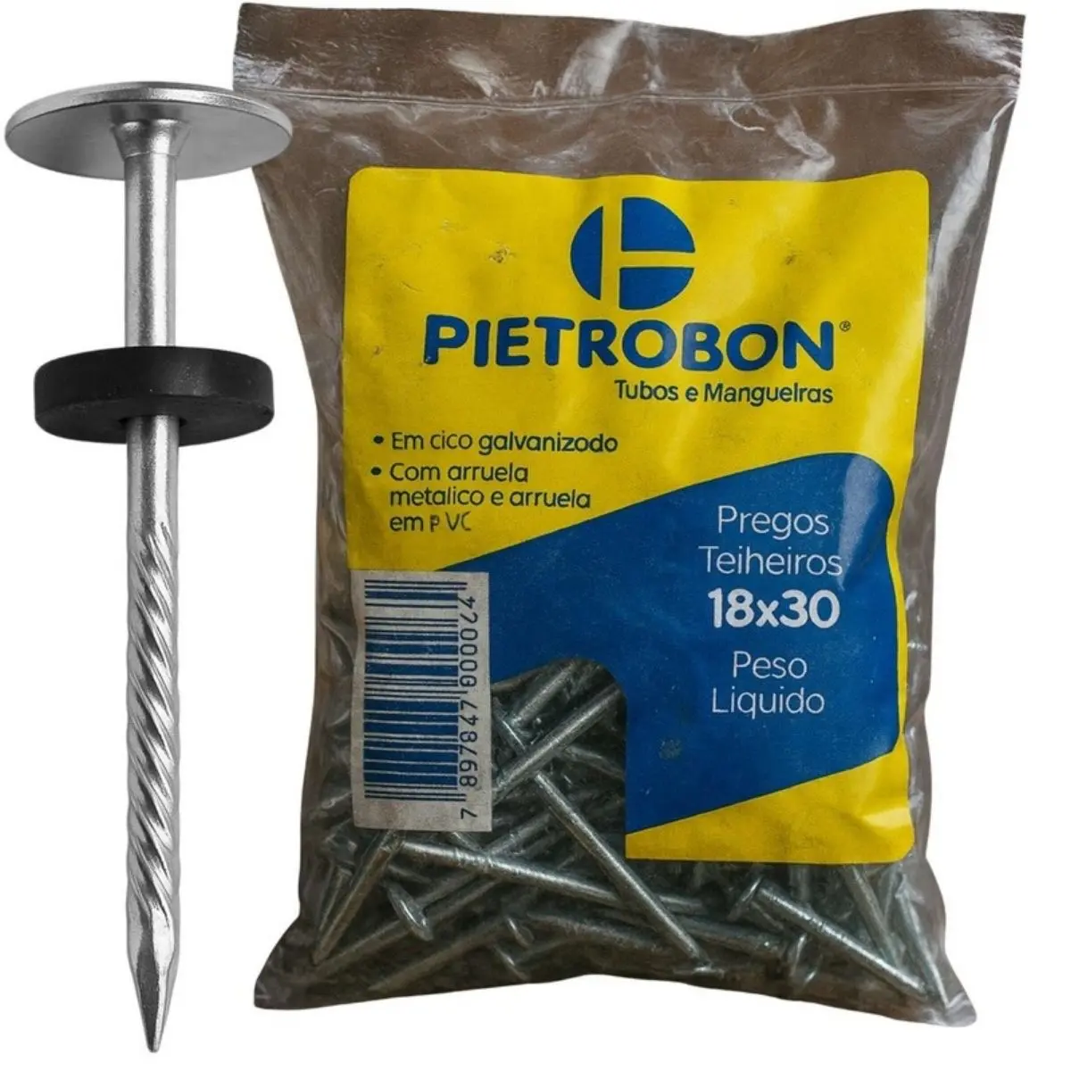 Prego Telheiro com Borracha 18x30 – Pacote 900 g
